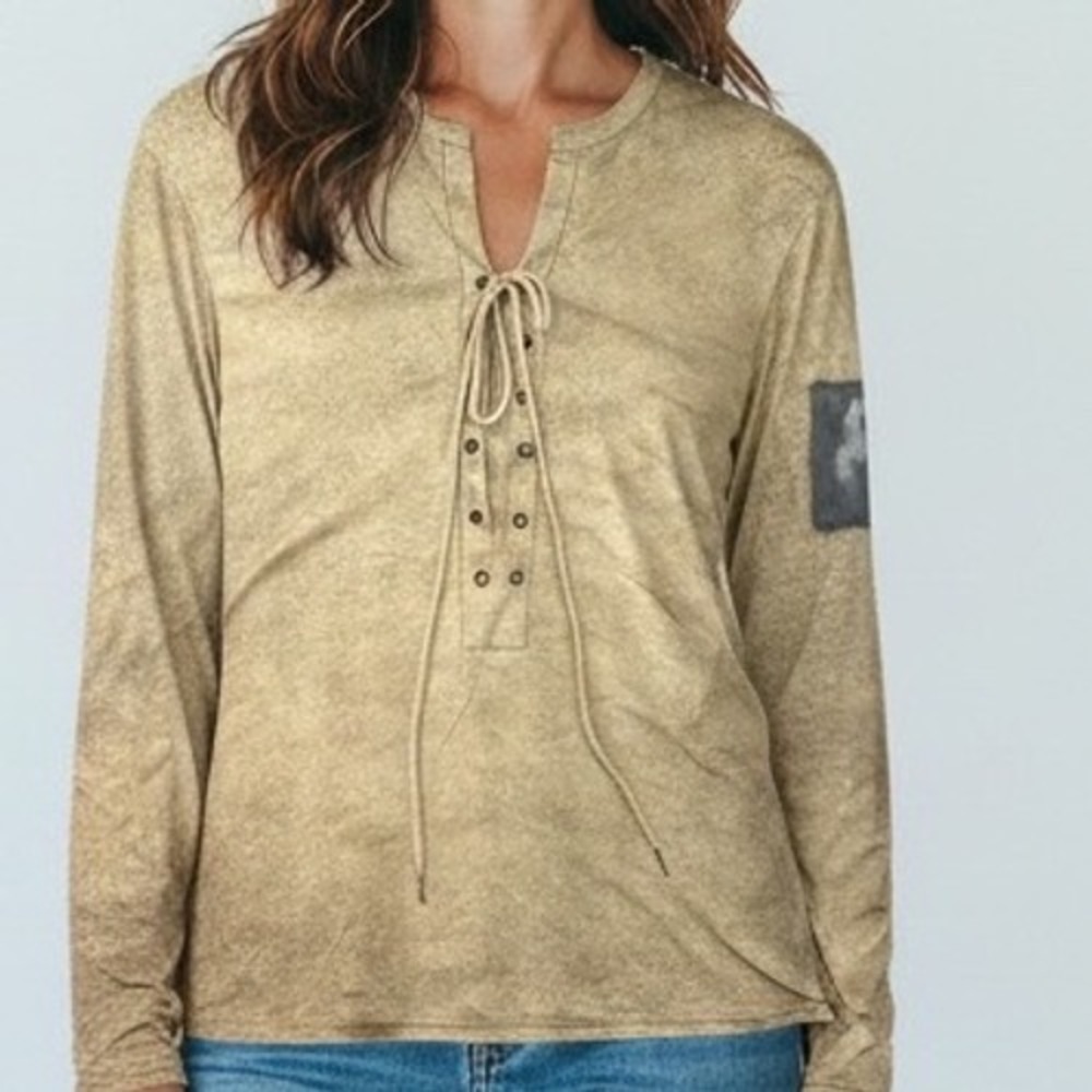 80s Look Lace Up Tunic Top Tan Brown Grungy Style pirate‎ - no tag large